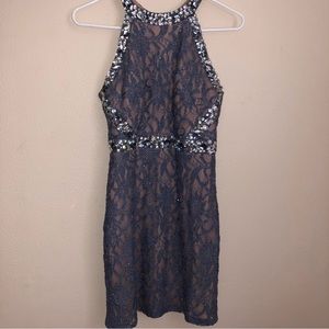 Periwinkle Lace Rhinestone Halter Mini Dress